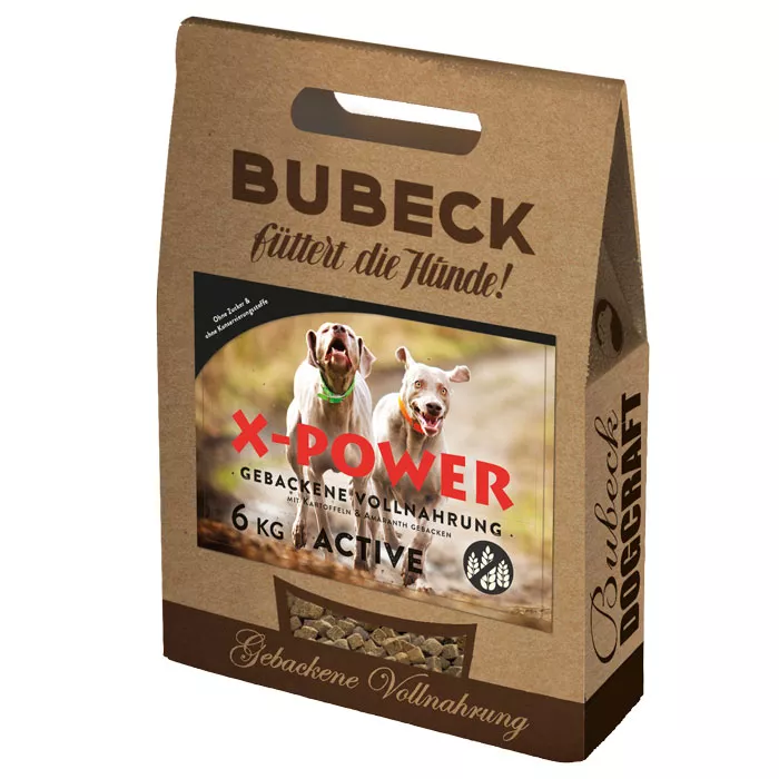 Bubeck Hundefutterverpackung 6kg Pappkarton mit Klappkarte Adult Rezeptur mit Kartoffel X-Power