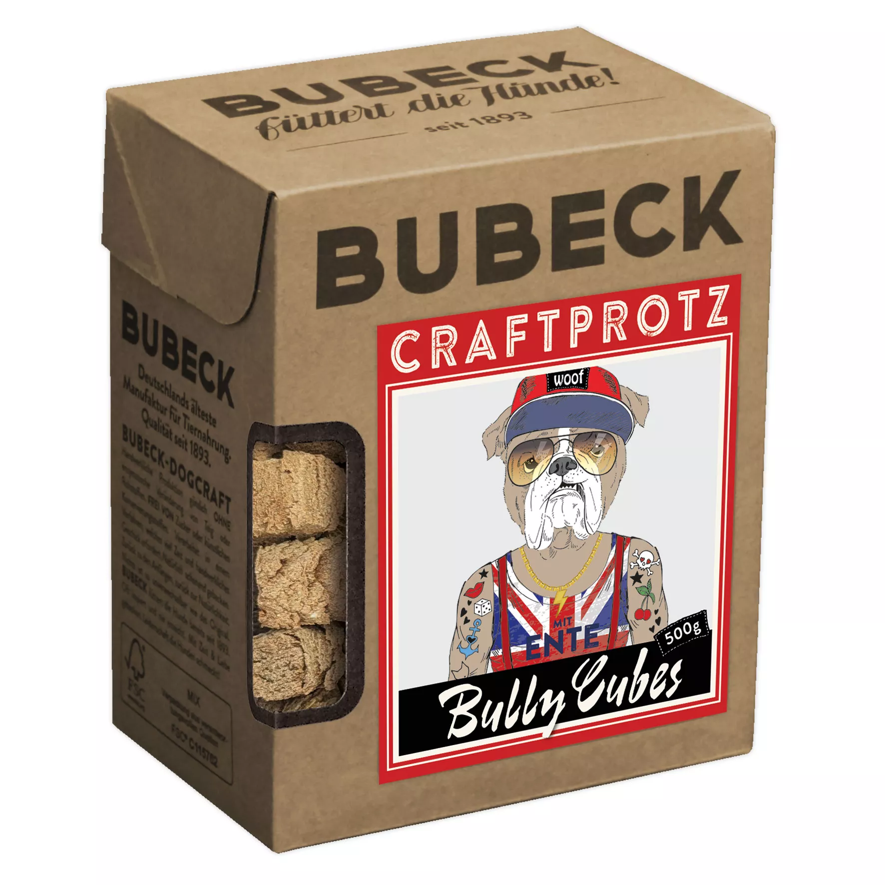 Bubeck Hundekuchenverpackung 500g Klappkarton Craftprotz Cubes mit Ente