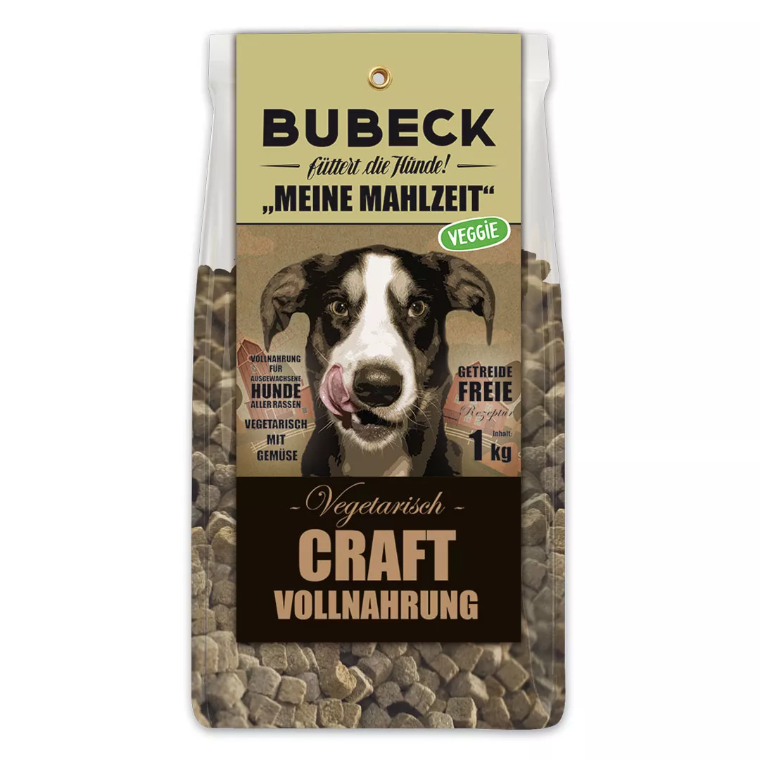 Bubeck Hundefutterverpackung 1kg Plastikbeutel mit Klappkarte Adult Rezeptur mit Kartoffel Meine Mahlzeit Vegetarisch