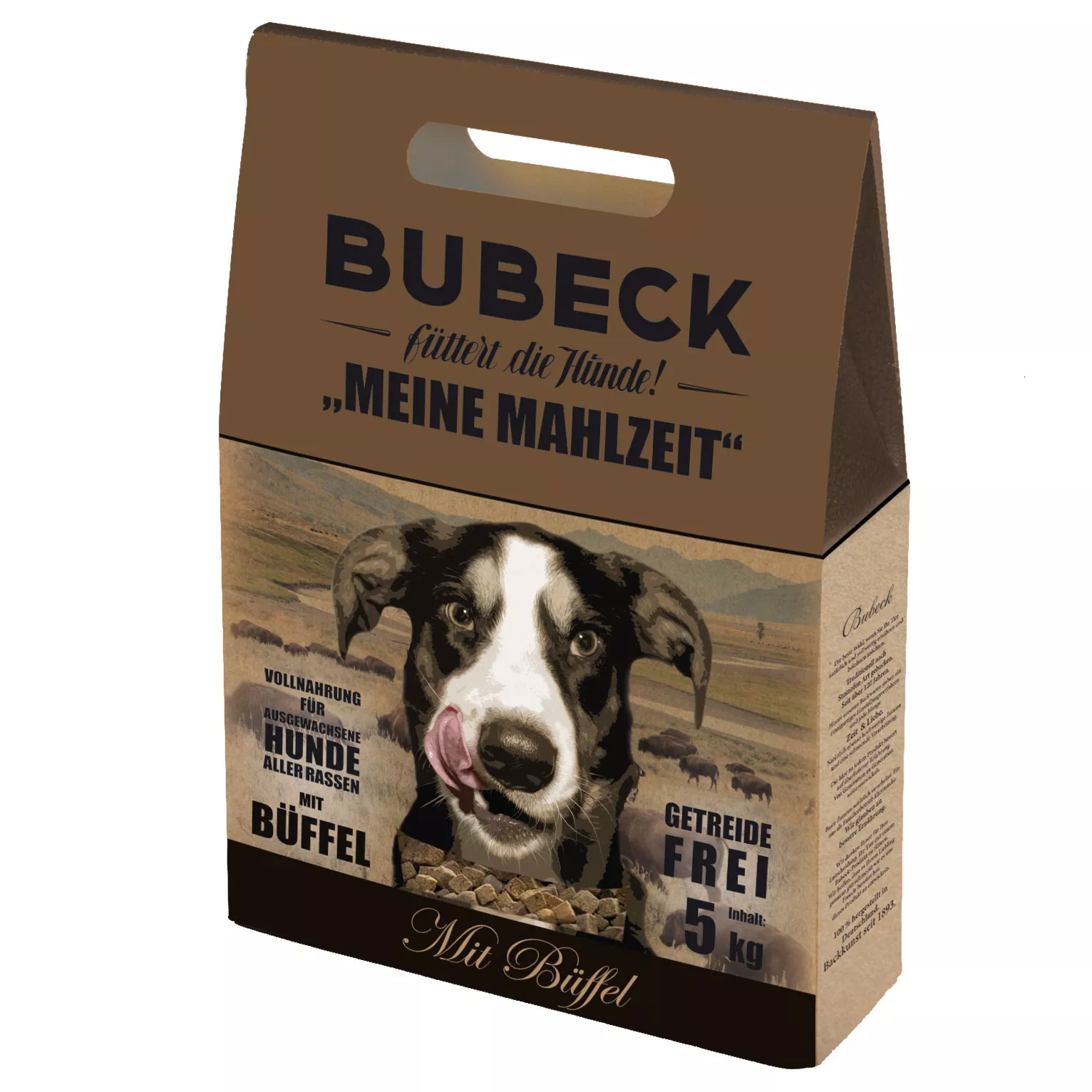 Bubeck Hundefutterverpackung 5kg Pappkarton mit Klappkarte Adult Rezeptur mit Kartoffel und Büffel Meine Mahlzeit