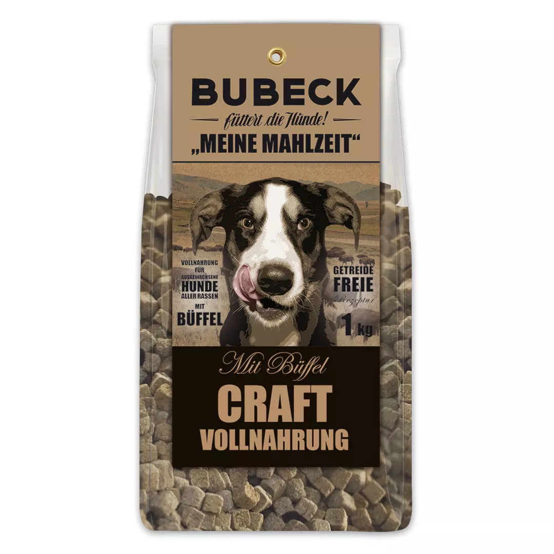 Bubeck Hundefutterverpackung 1kg Plastikbeutel mit Klappkarte Adult Rezeptur mit Kartoffel und Büffel Meine Mahlzeit