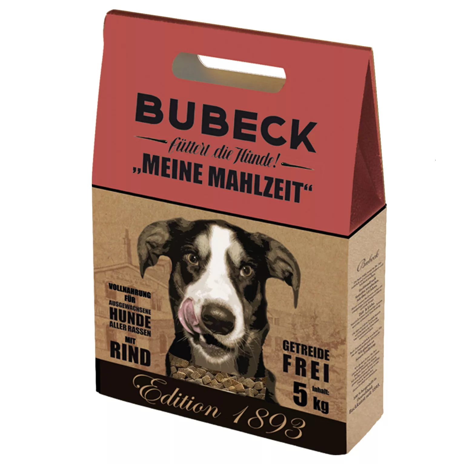 Bubeck Hundefutterverpackung 5kg Pappkarton mit Klappkarte Adult Rezeptur mit Kartoffel und Rind Meine Mahlzeit Rind