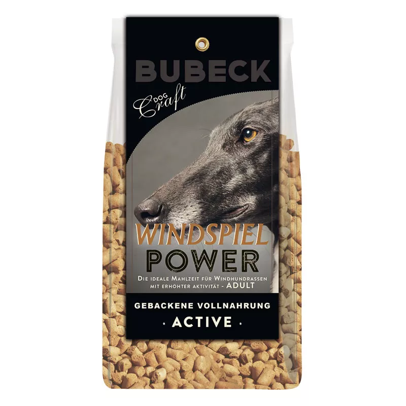 Bubeck Hundefutterverpackung 1kg Plastikbeutel mit Klappkarte Adult Rezeptur mit Kartoffel und Weizen Windspiel Power