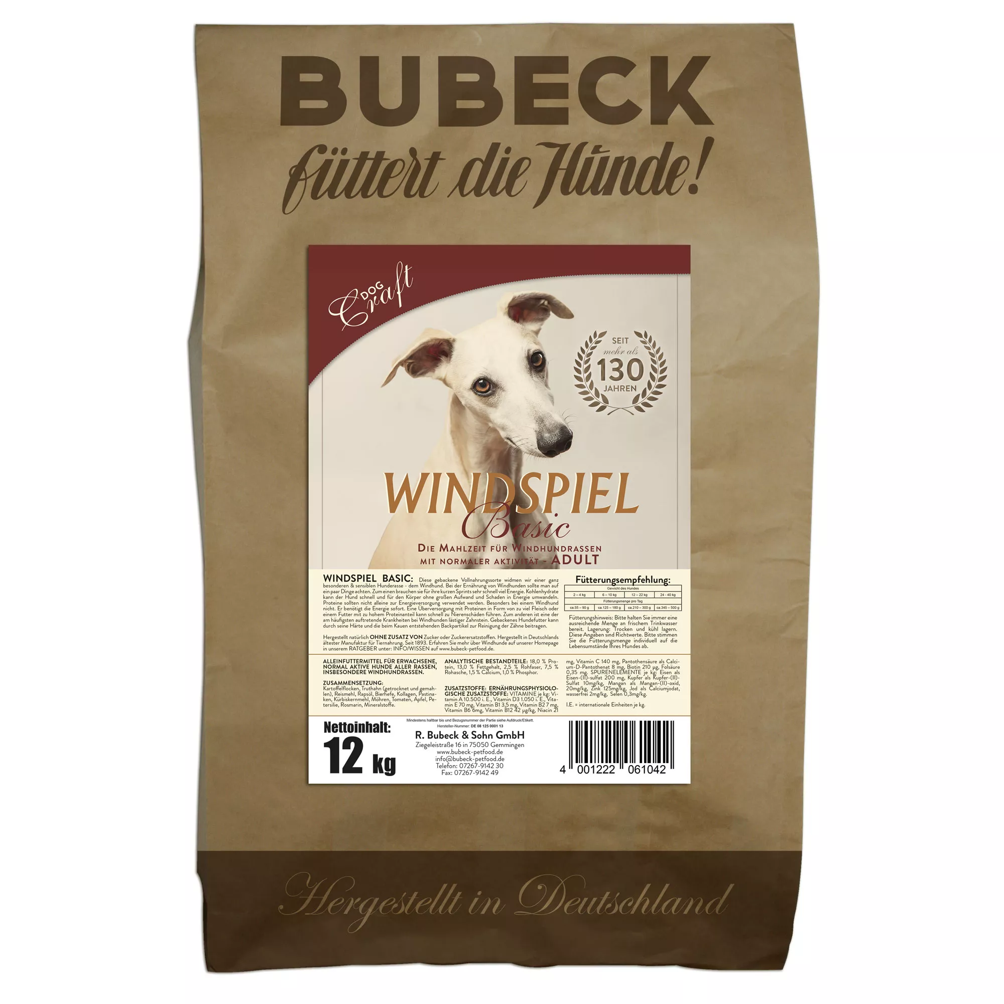 Bubeck Hundefutterverpackung 12kg Papiersack Adult Rezeptur mit Kartoffel Windspiel Basic