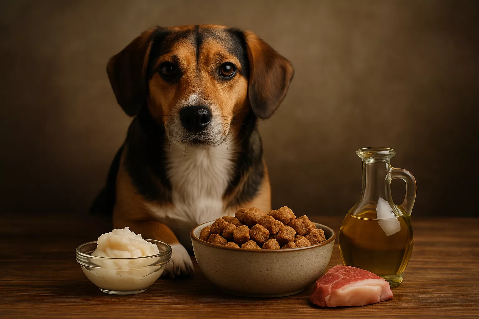 Hund und Leckerbissen auf Holzoberflche